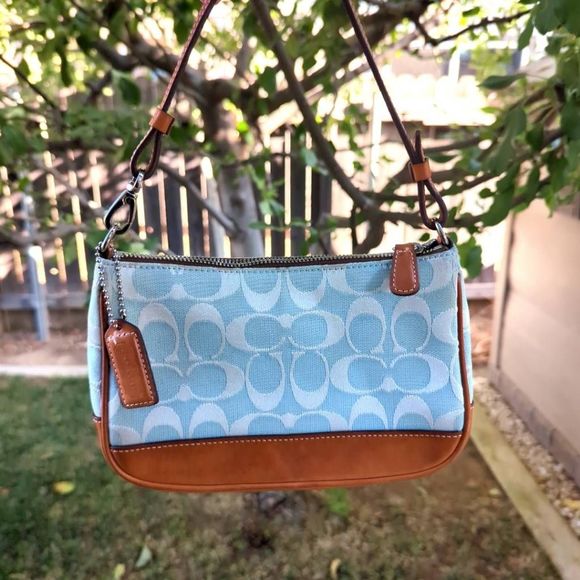 Coach Handbags - Coach Y2K Light Blue Demi Leather and Signature C Canvas Shoulder Bag.